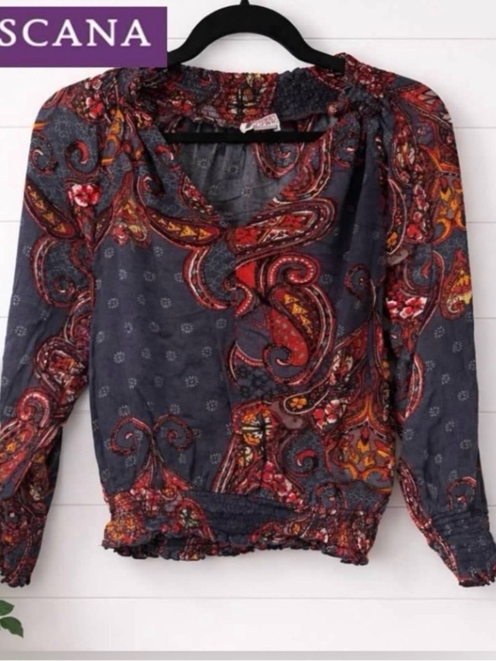 ♥️💙 Lascana Paisley Boho Blouse XS Smocked Peasant Top Long Sleeve